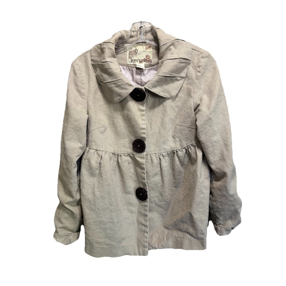 Kenzie Tan Linen Jacket Sz 6 Oversized Button Up Pleated Collar Lined Oversized